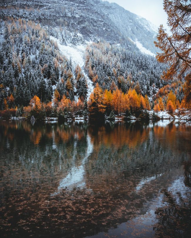 the lake of derborence in switzerland covered with snow