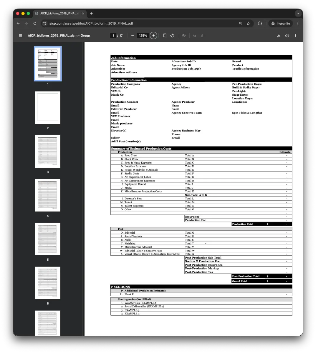 AICP bid form used in commercial film production to structure budgets, production costs, and post-production estimates