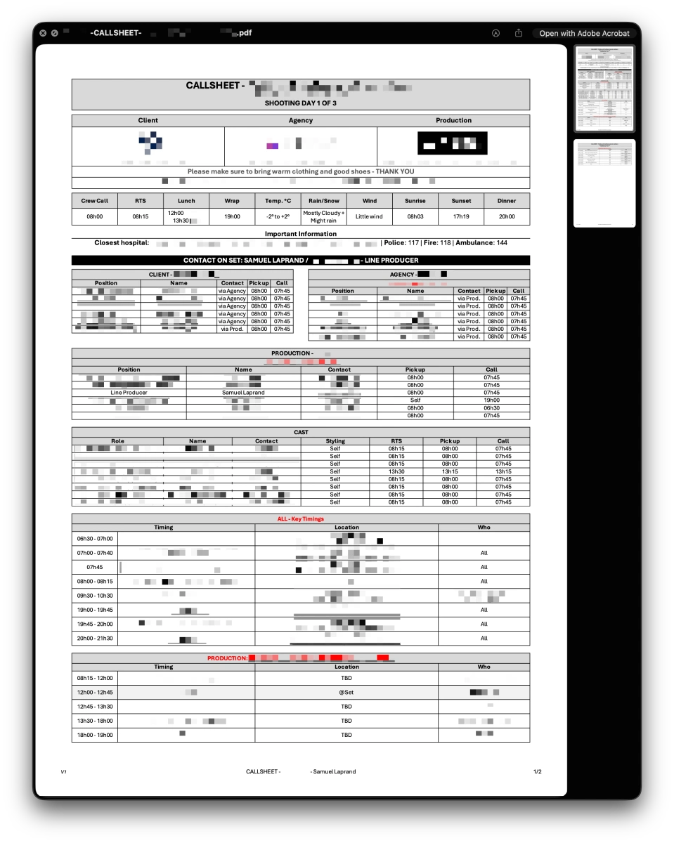 Call sheet used in commercial film production showing crew schedule, timings, locations, and shooting plan