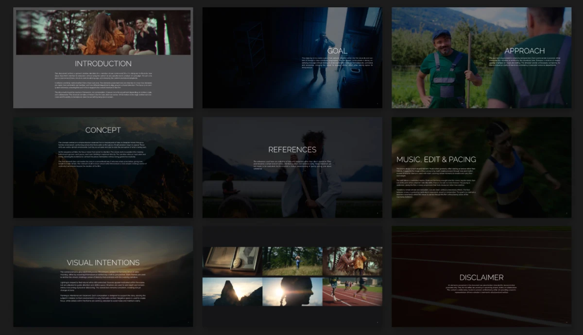 Director's treatment presentation for a commercial film production outlining concept, visual approach, and storytelling direction
