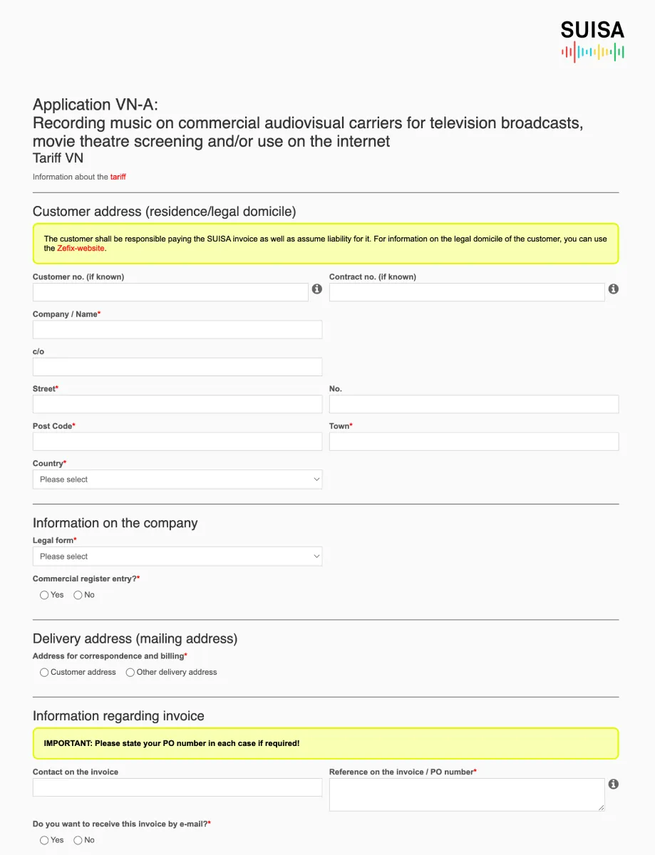 SUISA registration form for music rights clearance in commercial film production in Switzerland